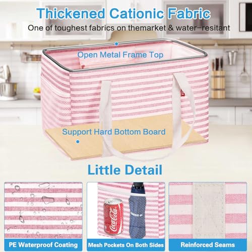 LHZK 2 Pack Utility Tote Bag with Metal Wire Frame and the Sides Rinforced, Large Tote Bag with Handle, Reusable Grocery Bags Foldable, Beach Bag, Car Tote (Pink, 18.5''x11.8''x11.5'') - color: Pink, size: 18.5''x11.8''x11.5''-2 Pack