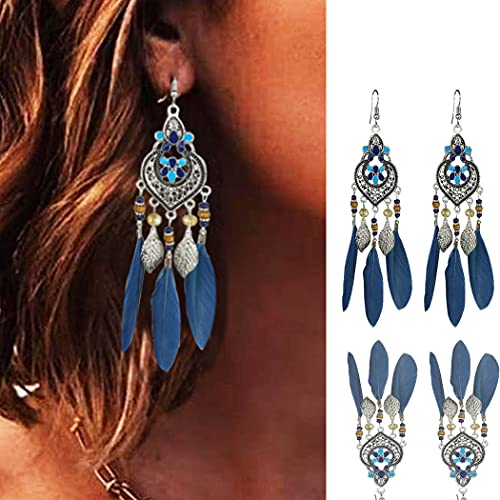 Bohemian Earrings Feather Tassel Silver Ethnic Retro Boho Dangle Earring Bead Women Jewelry for Birthday Party Gifts (Blue) - color: Blue