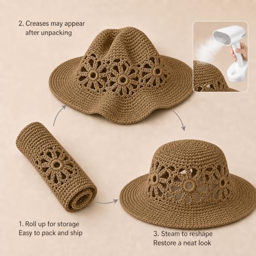 Handmade Women's Crochet Straw Bucket Hat Packable Daisy Beach Cap | Adjustable Inner Drawstring, Airy Lightweight Paper Fiber, Face Shade, Easy Storage, Feminine Openwork Floral Style - color: Brown