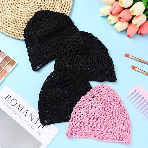 Geyoga 4 Pieces Mesh Crochet Hair Net Rayon Knit Snood Hat Thick Short Women Hairnet Snoods Cover Ornament for Sleeping (Pink,Black) - color: Pink,black