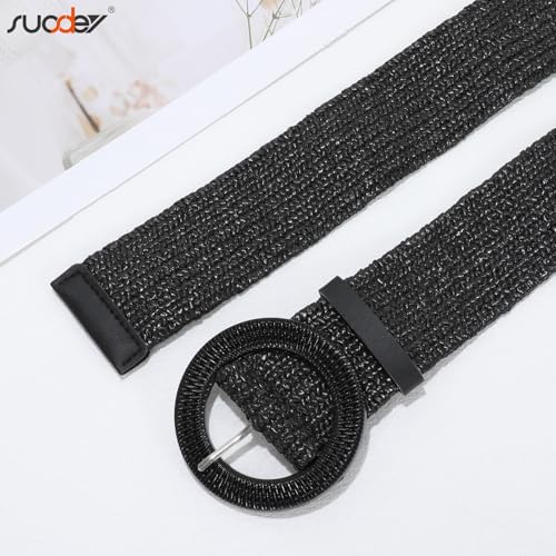 SUOSDEY 2 Pack Straw Woven Elastic Belt Braided Stretch Wide Boho Rattan Waist Belt for Women Dresses - color: 03-brown+black, size: Fit Waist up to 35''