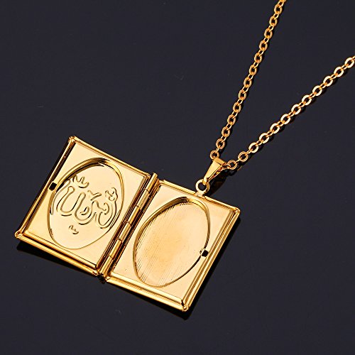 U7 Allah Necklace for Women/Men, 18K Gold Plated Square/Oval/Coin/Heart/Crescent Moon Islamic Pendant Necklace Muslim Jewelry with Chain - color: 05.Locket Gold