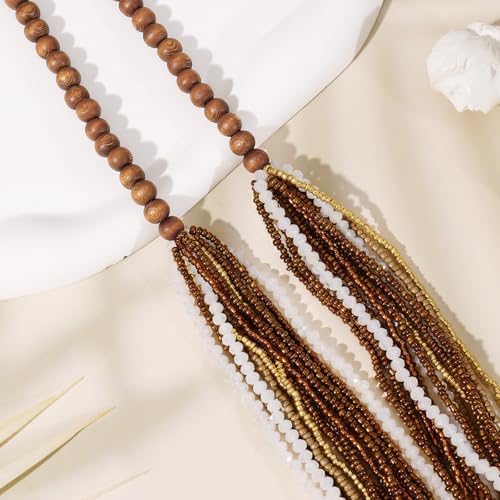 Coiris Chunky Statement Necklaces for Women Boho Multi Long Layered Strand Beaded Necklace for Women Handmade Crystal Beach Jewelry Gift - color: Brown