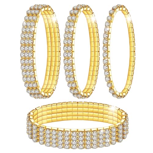 Kucheed Rhinestone Stretch Bracelets, Twinkle Diamond Tennis Bangle, Silver Crystal Sparkling Bridal Stackable Bracelet Jewelry, Bling Shining Wedding Party Elastic Band Bracelet for Women - color: Gold - 4PCS