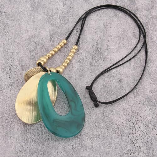 GelConnie Leather Necklace for Women Large Pendant Long Brown Necklace Circle Leather Choker Vintage Sweater Necklace Gold Chunky Boho Necklaces for Women - style: Gold Beads Blue Necklace