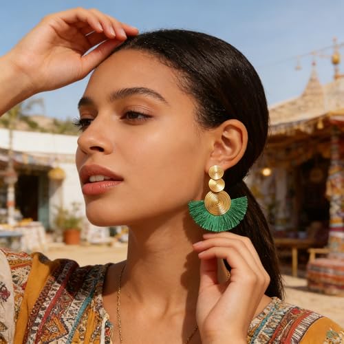 Women's Dark Green Boho Fringe Earrings, Statement Dangling Green Earrings, Bohemian Hippie Fringe Jewelry for Party, Date & Social Occasions