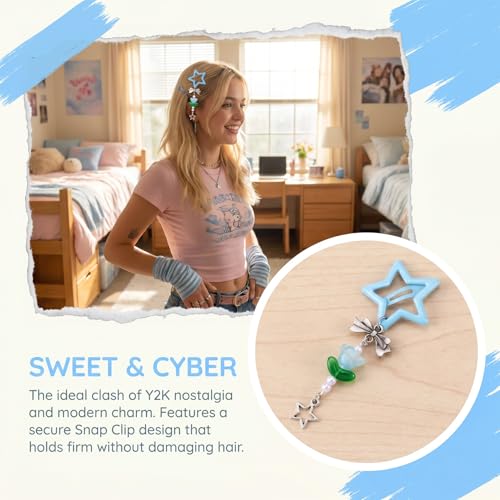 Pndeyo 2pcs Star Tassels Hair Clips for Women, Non-Slip Bow Flower 2000s Y2K Hair Snap Barrettes, Cute Star Beaded Pendant Hair Pin Accessories for Braid Long Short Thin Thick Hair- Blue - color: Blue-2pcs-A Style