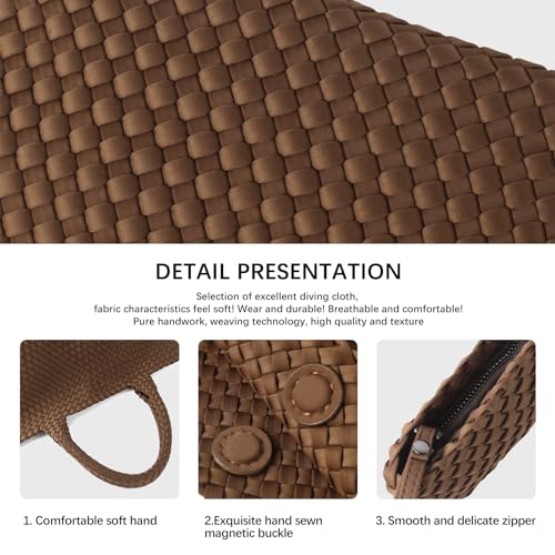 Woven Bag for Women, Large Neoprene Tote Bag Summer Beach Handbag Purse Retro Handmade Travel Shoulder Bag Set - color: Coffee
