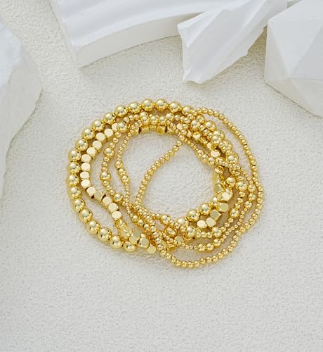 Gold Beaded Bracelets for Women, 14K Real Gold Plated Jewelry for Women Dainty Pearl Bead Bracelets Stack, Non Tarnish Trendy Stackable Ball Cross Stretch Bracelet Set Fashion Accessories Gifts - color: Gold square bead