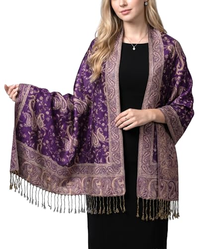Achillea Reversible Paisley Pashmina Rave Scarf – Exotic Indian Shawls and Wraps for Evening Dresses, Festivals, All Seasons - color: Purple