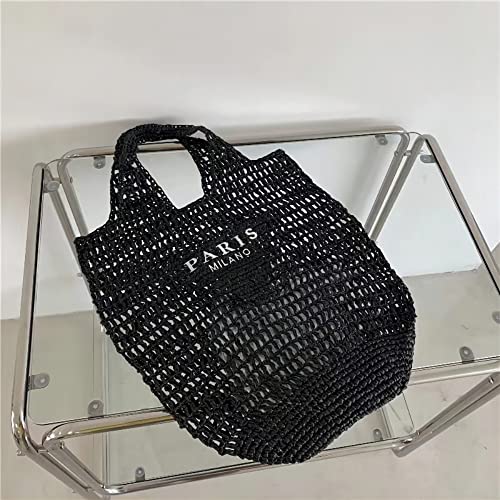 POOOPSSD New Woven Bag, Straw Mesh Tote Bag, Beach, Shoulder Bag, Hobo Women, Foldable Large Capacity, for Holiday. - color: Black