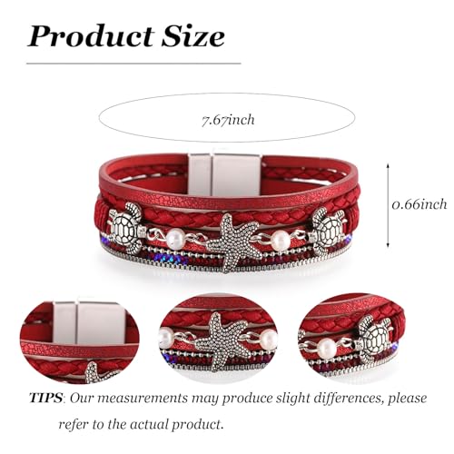 Long tiantian Boho Leather Wrap Bracelets Western Bracelets for Women Stackable Starfish Crystal Pearl Turquoise Leather Bracelet With Clasp Jewelry Gifts Boho Dresses - color: B2:RED Bracelet
