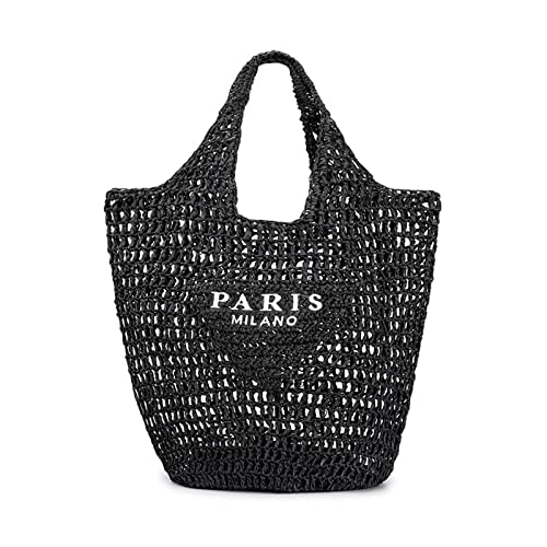 POOOPSSD New Woven Bag, Straw Mesh Tote Bag, Beach, Shoulder Bag, Hobo Women, Foldable Large Capacity, for Holiday. - color: Black