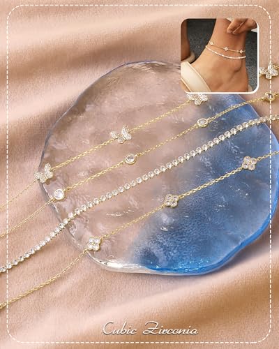 RLMOON Gold Silver Anklets for Women CZ Ankle Bracelet 14K Gold Plated Waterproof Layered Stackable Clover Butterfly Tennis Chain Anklet Trendy Summer Beach Foot Jewelry - color: B-Clover&Tennis Anklet-Gold