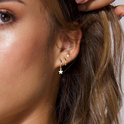 3 Pairs Small Earring Stacks, 14K Gold/Silver/Black/Rose Gold Plated Pearl Heart Butterfly Star Diamond Charm Drop Huggie Earrings Trendy Jewelry Gift for Women - color: Gold-Star