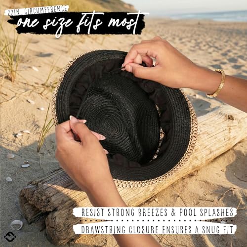 Funky Junque Straw Fedora Hats for Women - UPF 50+ Sun Hat, Short Brim Packable Beach Hat with Woven Pattern - color: Black/Natural