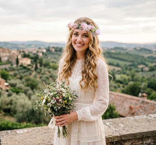 Vivivalue Women Flower Crown Rose Floral Headband Hair Wreath Floral Headpiece Halo Boho with Ribbon Wedding Party Pink - color: 71