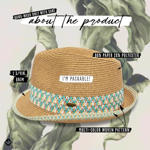 Funky Junque Straw Fedora Hats for Women - UPF 50+ Sun Hat, Short Brim Packable Beach Hat with Woven Pattern - color: Aqua