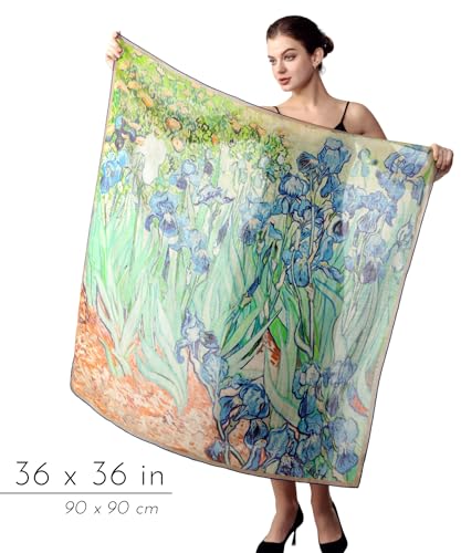 PoeticEHome Cashmere Scarf Wrap 36"x36" - Featherlight & Wrinkle-Free Artistic Square Shawl for Travel & Office, Gift Ready - color: Irises - 36"