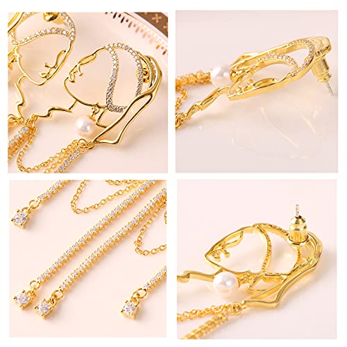 Unique Abstract Face Art | Dangle Statement Long Earrings for Women | Rhinestone Tassel Handmade Chandelier Earrings - color: gold