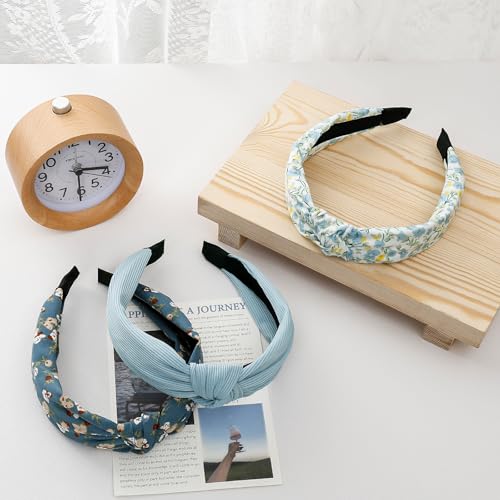 3-Piece Top Knotted Floral Pattern Headbands for Women & Girls, Cute Flower Print Knot Headband, Non Slip Fashion Hair Bands Hairbands (Blue) - color: Blue