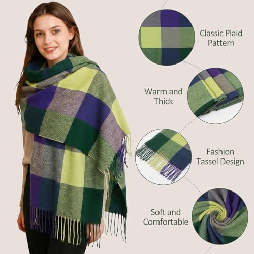 Loritta Womens Scarf Fashion Long Plaid Shawls Wraps Big Grid Winter Warm Lattice Large Scarves Gifts - color: D-blue Green Lattice