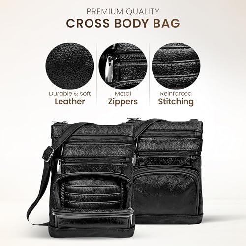 Krediz leather Crossbody Purses for Women, Multi Pocket Crossbody Purse with Adjustable Strap, Soft & Durable Leather Purse - color: Black, size: Standard