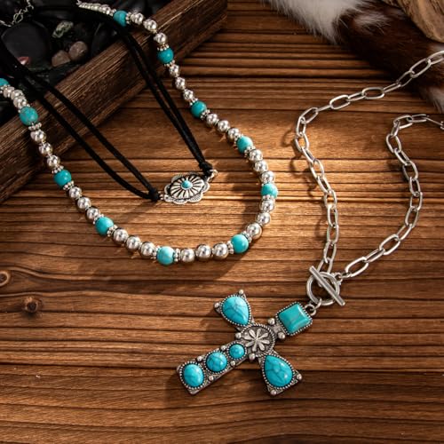 Western Necklaces Boho Turquoise Cross Necklace Set Navajo Pearl Beaded Layered Choker Cowgirl Christian Western Jewelry for Women - color: Style-B