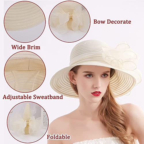 Women's Kentucky Derby Church Dress Hat Wide Brim Leaf Flower Bridal Shower Hat - color: 01 Cream