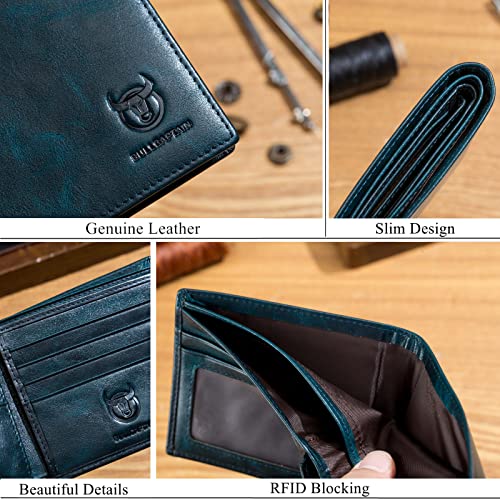 BULLCAPTAIN RFID Wallets for Men,Genuine Leather Wallet QB-05(Peacock Blue) | Slim,Bifold,Front Pocket Wallet, 2 ID Windows,11 Card Slots,RFID Blocking Technology,Gift Choice - color: Peacock Blue