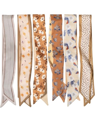 ZXZH 6 Pack Fashion Scarves for Women, Versatile Boho Head Scarf, Satin Scarf for Hair, Neck, Wrist, and Purse Accessories - color: Warm Brown & Coffee