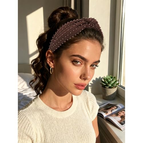 YISSION 1PC Beaded Knotted Headband Wide Jeweled Headbands for women Non Slip Embellished Hairband Coffee Head Band Hair Accessories for Women Girls - color: Coffee