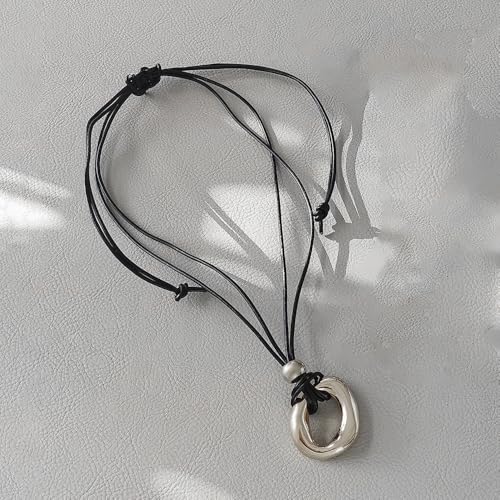 GIGB PBDK Chunky Gold Choker Necklace for Women,Dainty 14K Gold Geometric Hollow Circle Round Pendant Necklace Black Leather Rope Collar Necklace Gifts - color: Silver