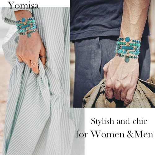 Yomisa 5PCS 6PCS Natural Boho Beaded Bracelets/Bangle for Women Men,Healing Turquoise Jasper Agate Crystal Gemstone Stone Chakra Multilayer Wrap Bohemian Handmade Jewelry Beads Stretch Bracelet Set - color: 5PCS-Blue