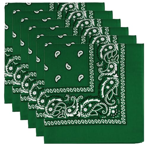 6 Pack Pure Cotton Bandana, Multi-Purpose Square Handkerchief, Face Mask headband for Men and Women - color: Green