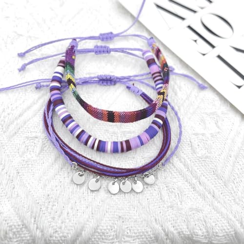 Beach Summer Ankle Bracelet for Women Handmade Braided Adjustable String Anklets Waterproof Surfer Bracelet - color: Purple 25