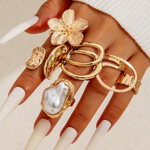 Gold Rings for Women Non Tarnish Stackable Rhinestone Moon Star Rings Dainty Stacking Pearl Butterfly Midi Pinky Thumb Joint Finger Knuckle Ring Set Gold Non Tarnish Jewelry Gifts Trendy Stuff - color: R Chunky Gold Rings 6Pcs
