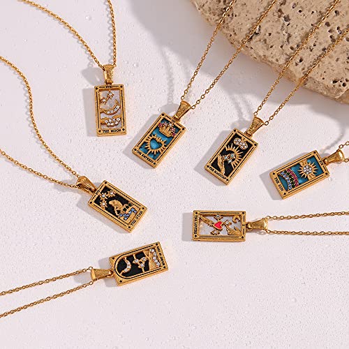 Gold Tarot Card Necklace for Women Men, Non Tarnish 18K Gold Plated Vintage Lucky Charm Square Pendant Talisman Amulet Necklaces Unisex Jewelry - style: The Sun