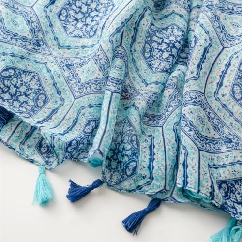 WaJuemy Travel Boho Scarf for Women Casual Lightweight Pashmina Scarves Fashion Multicolor Shawl Wraps with Fringed Beads - color: 03 Teal Floral