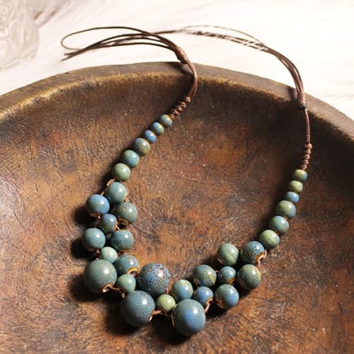 Boho Statement Chunky Necklaces for Women- Handmade Colorful Ceramic Fall Beaded Hippie Jewelry, Adjustable Long Bohemian Necklaces for Casual Wear - color: Blue