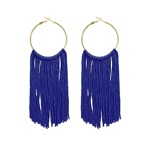 Boho Long Tassel Dangle Earrings for Women Lightweight Circle Hoop Silky Thread Fringe Drop Statemen Earrings - color: dark blue