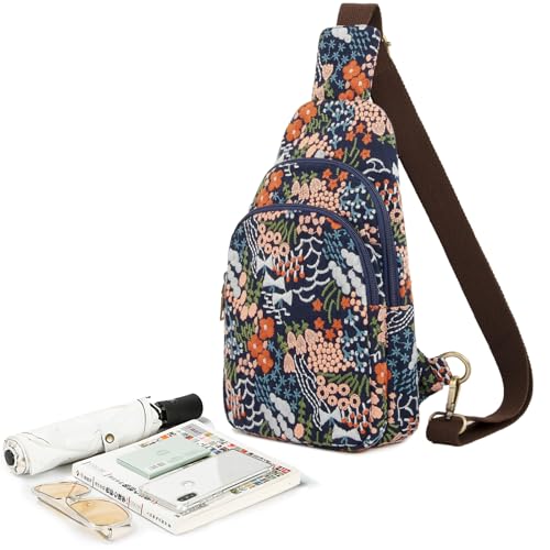 SILKAREA Canvas Sling Bag for Wome Crossbody Purse Small Sling Backpack Purse Travel Hiking Chest Bag Daypack - color: Embroidered Blue