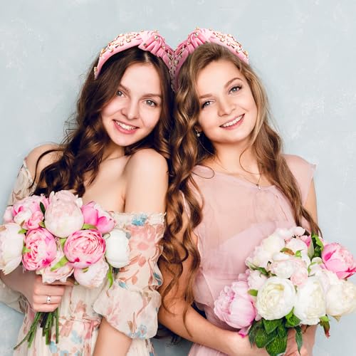 PANTIDE Coquette Pink Bow Jeweled Knotted Headband - Rhinestone Crystal Pearl Embellished Preppy Trendy Headband Wide Top Knot Non Slip Fashion Hairband Accessories Birthday Gift for Women Girl (Pink) - color: Pink Bow