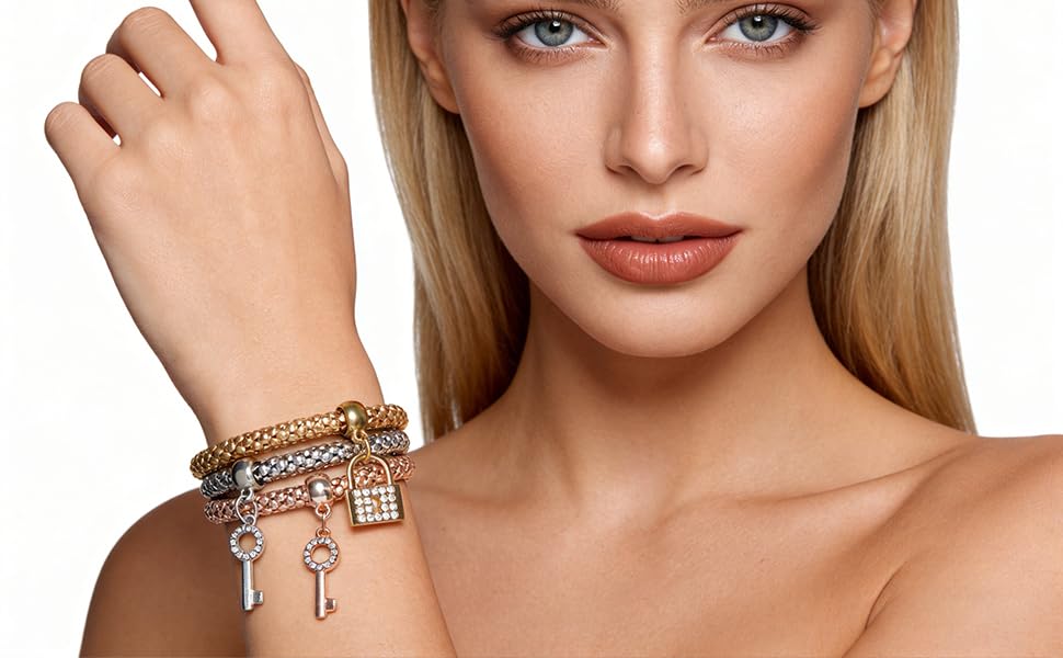 Alegend Titanium Steel (Not Rust, Resist Corruption, Easily Clean) 18K Gold Plated Single Bracelets + 14K Gold Plated Stackable Multilayer Bracelets - style: 14KGold Crystal Keys and Locks