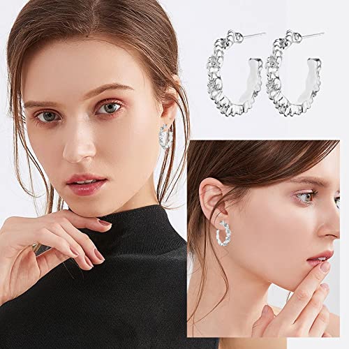 HILXURY Gold Chunky Hoop Earrings Set for Women, 14K Gold Plated Twisted Huggie Hoop Earring Hypoallergenic, Thick Open Hoops Set Lightweight - color: 6 silver chunky hoops