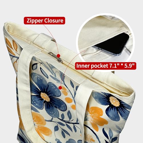 itgowisa Canvas Tote Bag for Women, Tote Bag with Zipper Inner Pocket, Zippered Canvas Bag for Shopping Work Grocery Everyday - style: Floral