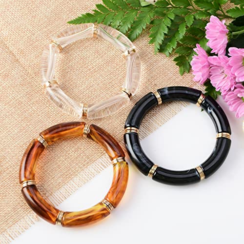 GOOJIDS Simple Beaded Gold Plated Bangles Bracelet Chunky Bamboo Tube Curved Stacking Clear Acrylic Colorful Beads Stretchable Gold Plated Bracelets Set For Women - color: Q-Black 3PCS Set