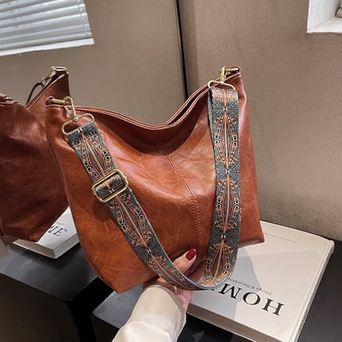 Hobo Bags for Women Crossbody Bag Guitar Strap Purse Vegan Leather Shoulder Handbags Boho Purses Tote Bucket Bag - color: Brown
