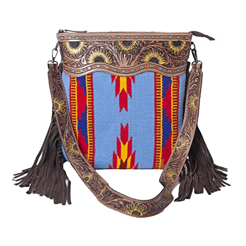 Merbaa Women Handtooled woolen saddle blanket hand woven Crossbody Bag - color: Blue