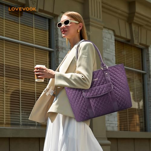 LOVEVOOK Laptop Tote Bag for Women 15.6 Inch,Waterproof Computer Bag for Laptop for Womens,Quilted Travel Work Tote Bags for Women,Stylish Laptop Bag Purse with Luggage Sleeve for Teacher,Nurse,Office - color: Purple(quilted)-2, size: 15.6 Inch